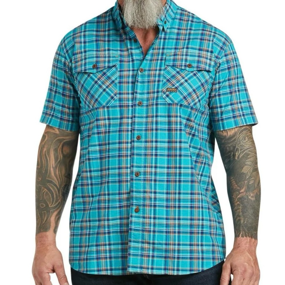 Ariat Rebar Made Tough Men's Blue Plaid Short Sleeve Tall Button Up Dress Shirt